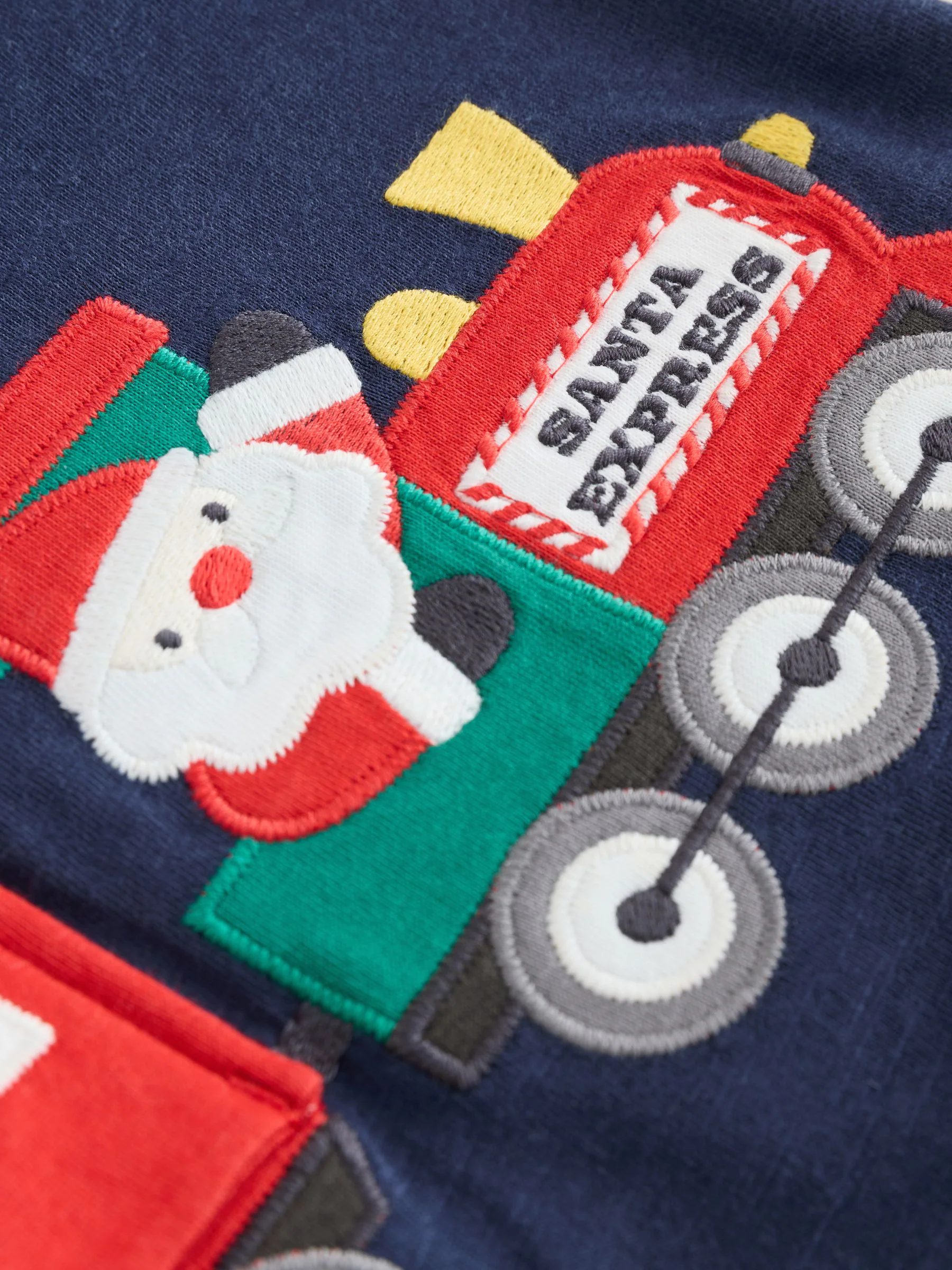 Marineblauwe Santa Trein-applicatie - Kerst-T-shirt met lange mouwen (3mnd -7jr)