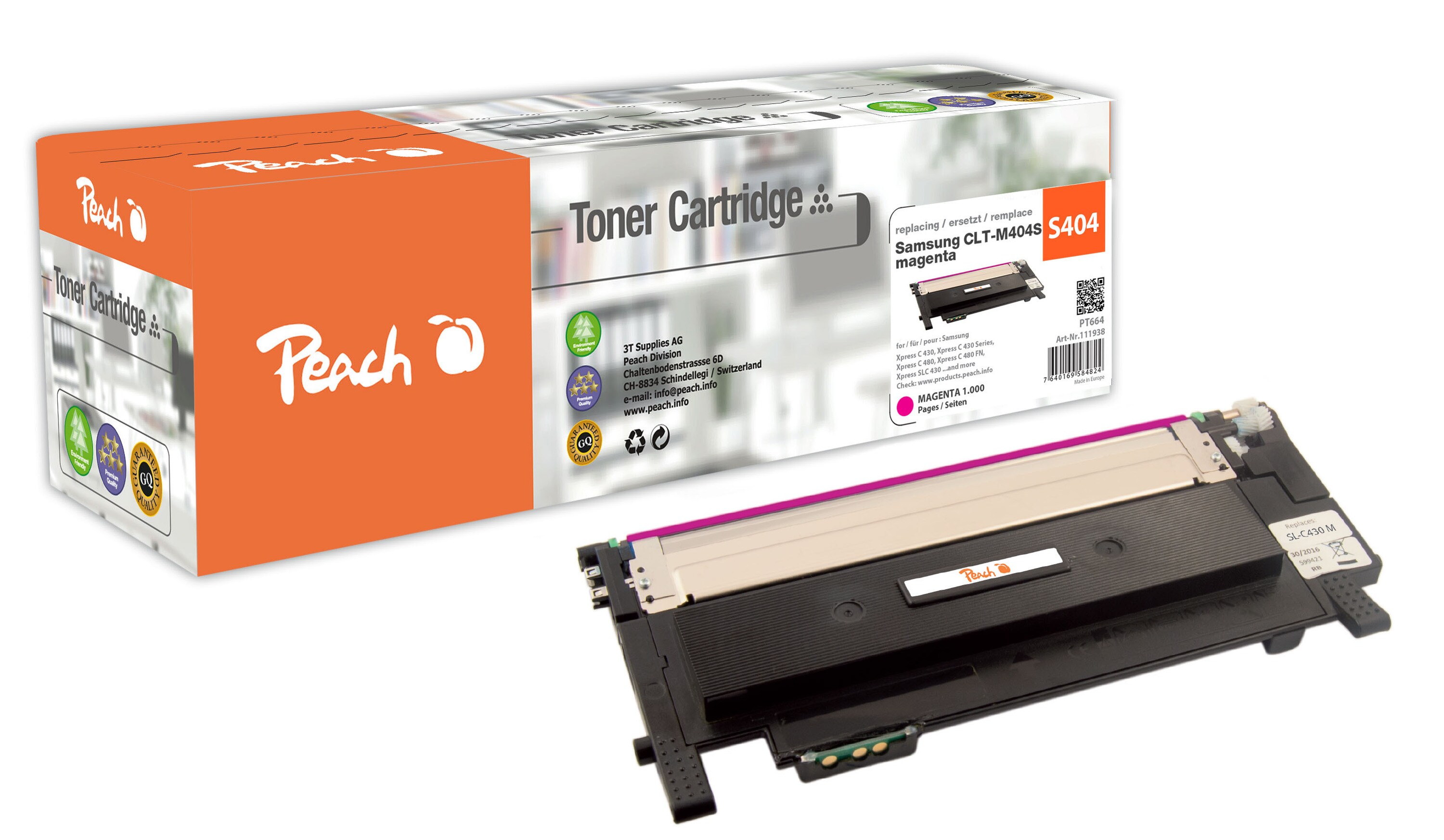 Peach S404Toner ma ersetzt Samsung CLT-M404S, SU234A für z.B. Samsung Xpress C 480 W, Samsung Xpress C 430, Samsung Xpress C 430 W (wiederaufbereitet)