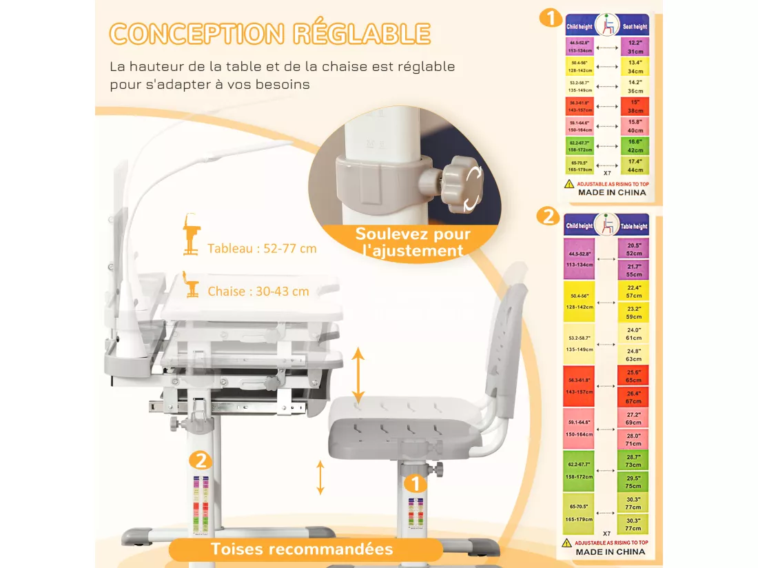 HOMCOM Bureau enfant avec chaise - ensemble bureau et chaise réglable - lampe, support de lecture, tablette coulissante multi-rangement - gris blanc