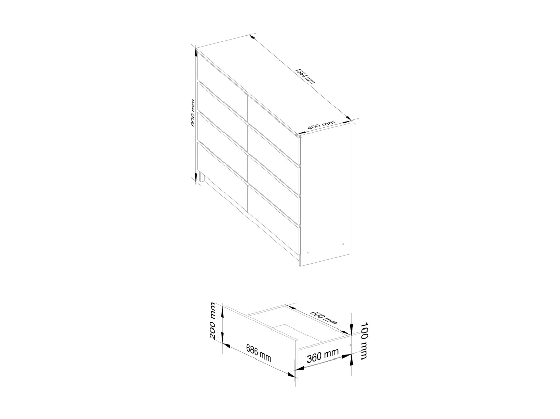 Commode AKORD K140 Chêne Sonoma 138 cm 8 tiroirs façade Chêne Sonoma 138x40x99 cm