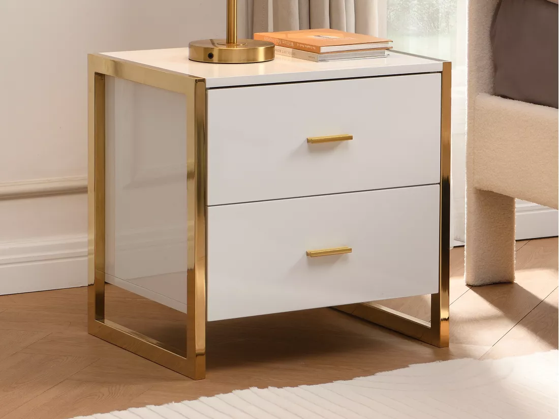 Lot de 2 tables de chevet 2 tiroirs - MDF - Blanc laqué et doré - OMBRELIA de Pascal Morabito