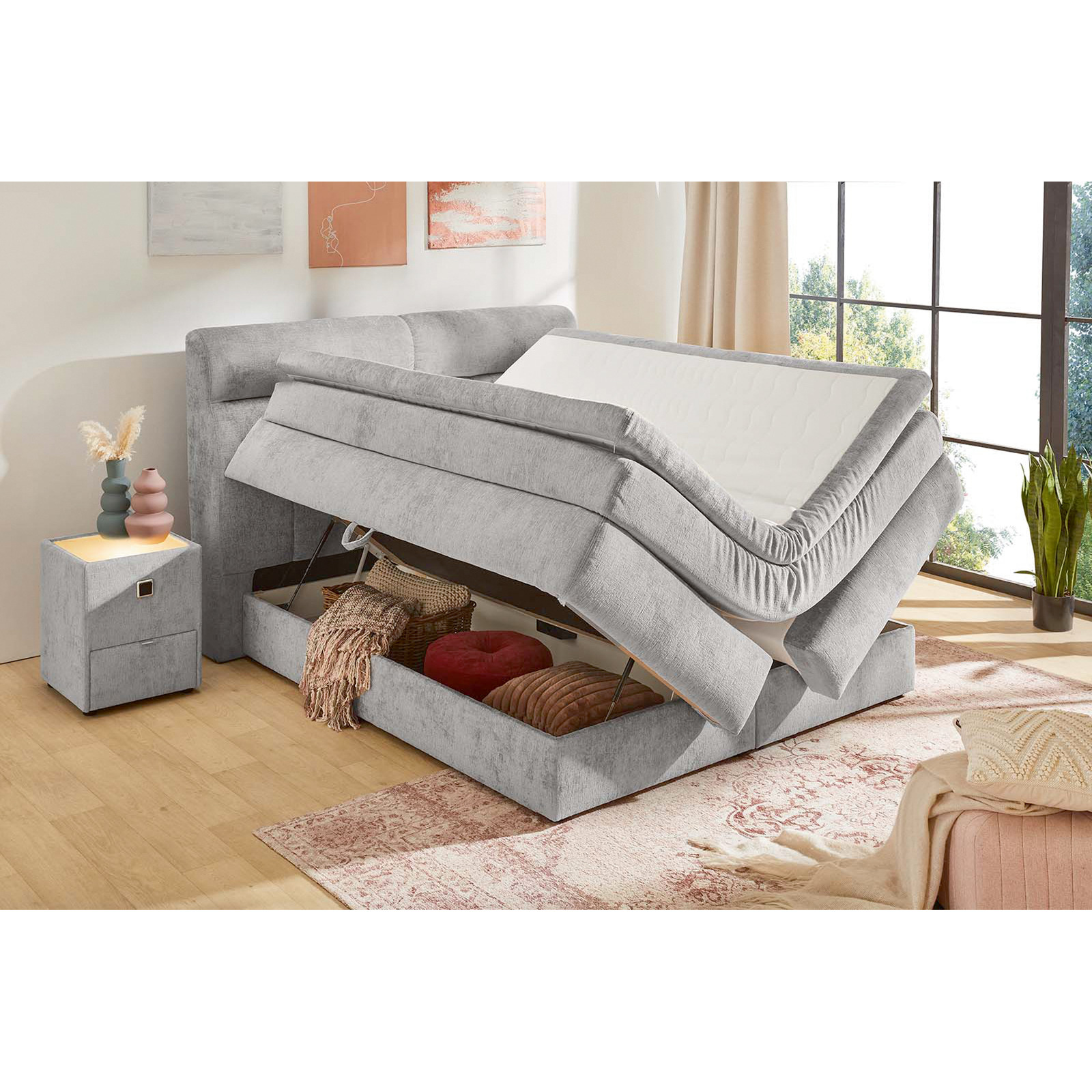 Boxspringbett Queen Stoff Chenille 180 x 200 cm, mit Bettkasten hellgrau