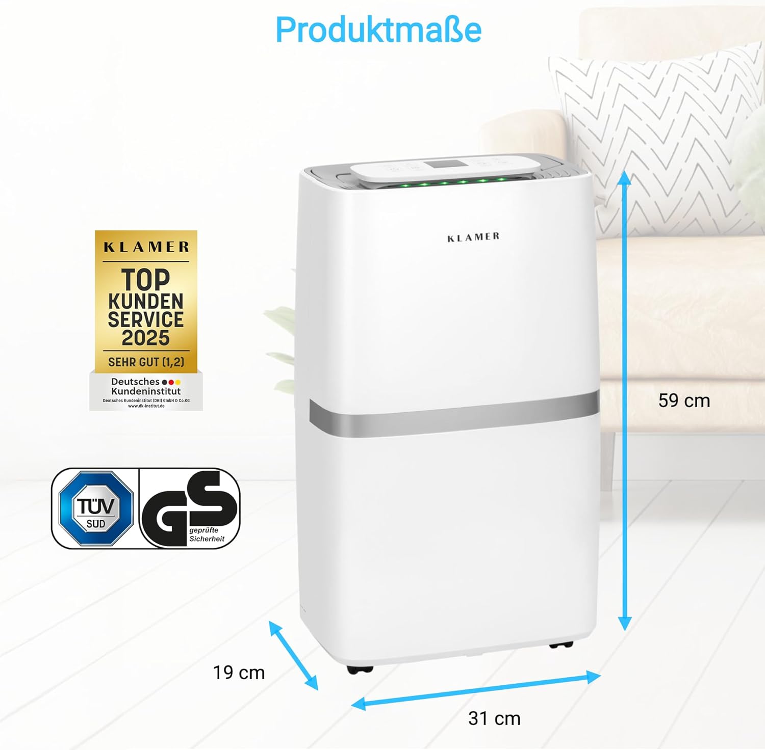 KLAMER Luftentfeuchter elektrisch 20L in 24h mit 5,5L Tank – Leiser, energieeffizienter Raumentfeuchter mit Smart Sensor, Timer & Wäschemodus – Gegen Schimmel, Feuchtigkeit & Kondenswasser