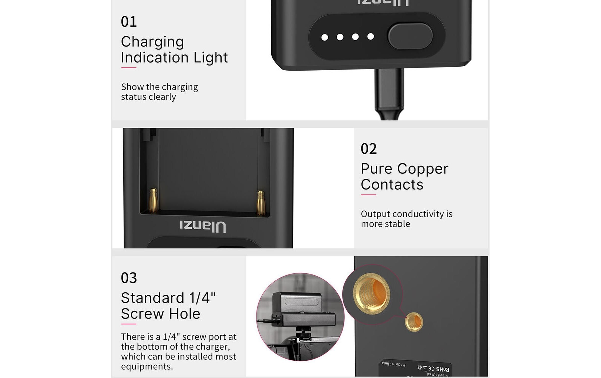 Ladegerät NP-F01Ulanzi NP-F01 Multifunktionales Akku-Ladegerät/Netzteil für Sony L-Serie, AC, Chemie-Li-Ion, 1 Position, W/O-Ausgang, USB, Quick Charge