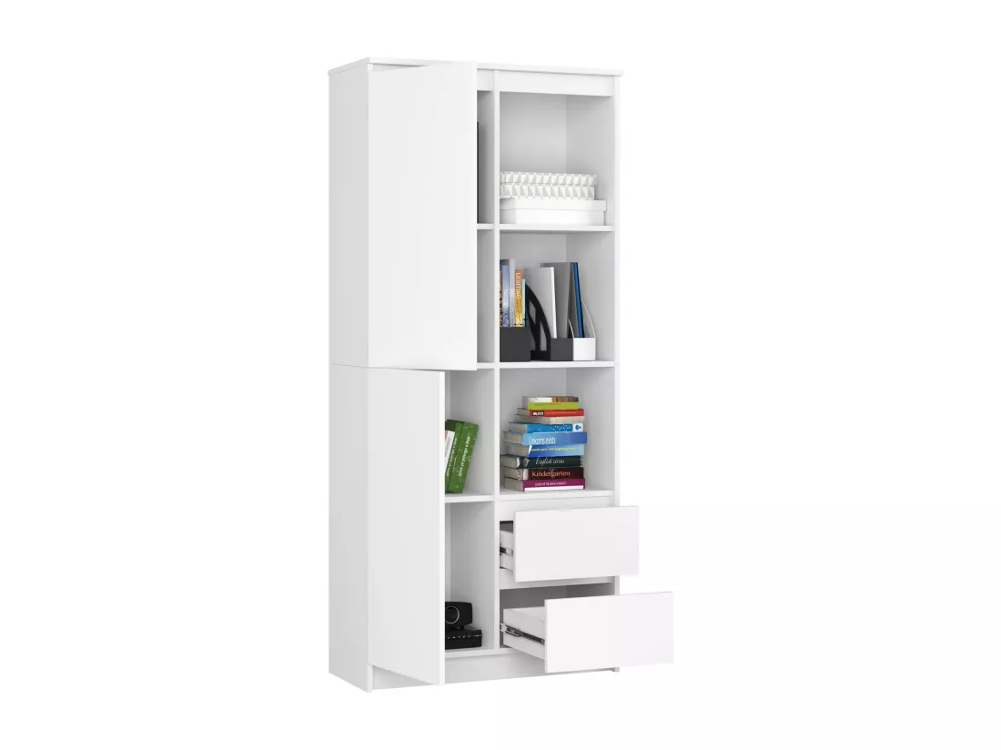Bibliothèque de bureau AKORD R11 Blanche 80 cm 1 porte 2 tiroirs façade Blanche mat 7 étagères 80x35x180 cm