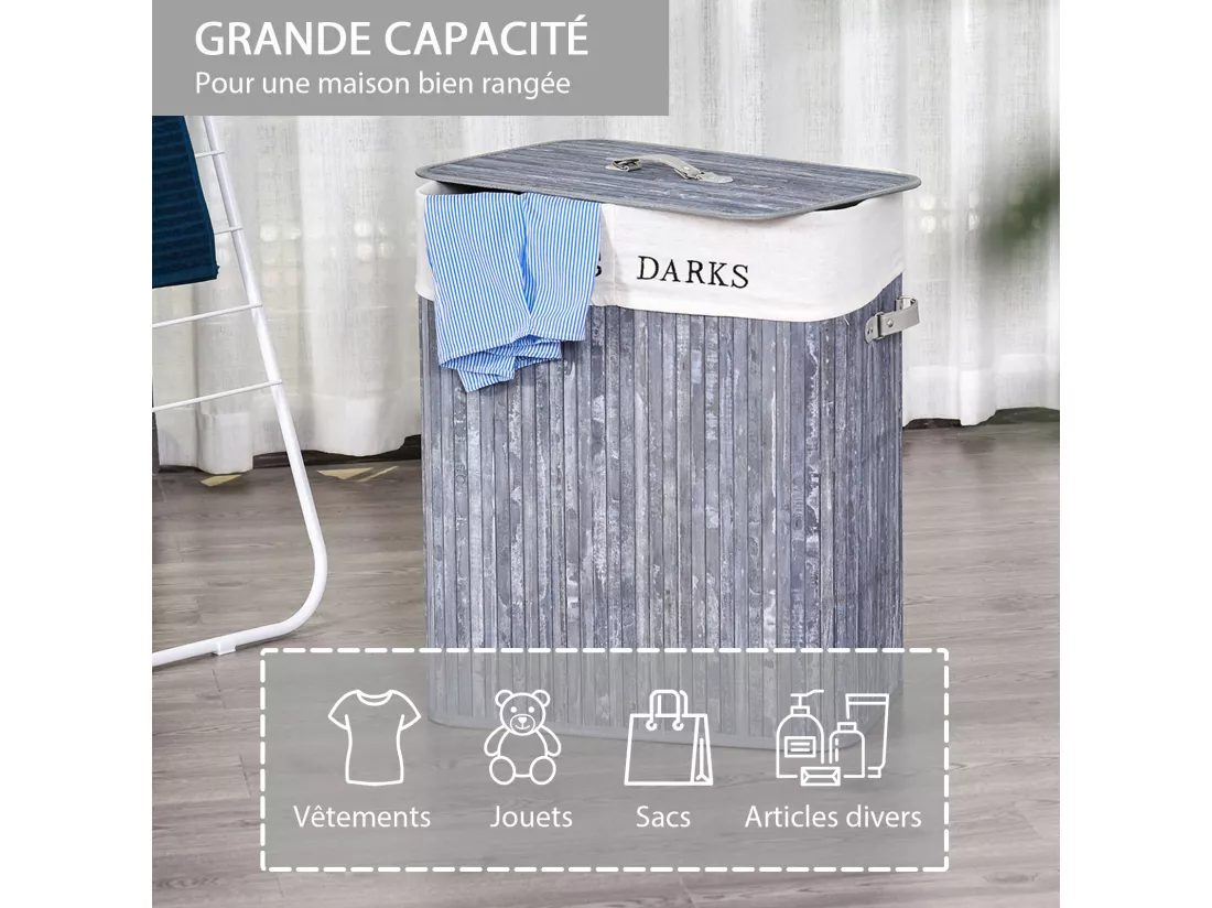 Panier à linge corbeille à linge 2 bacs bambou pliable couvercle poignée sac amovible en toile gris