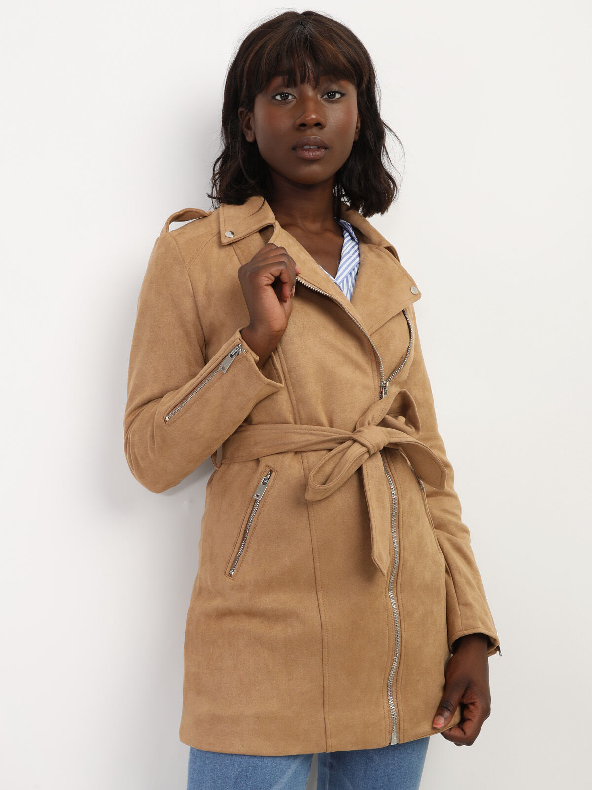 Veste mi-longue style biker en suédine- Marron clair