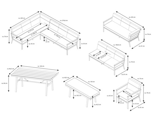 Loungeset tuinmeubelset 9-zits bestaande uit: driezitsbank, driezitsbank, tafel, bank, fauteuil, incl. kussens aluminium