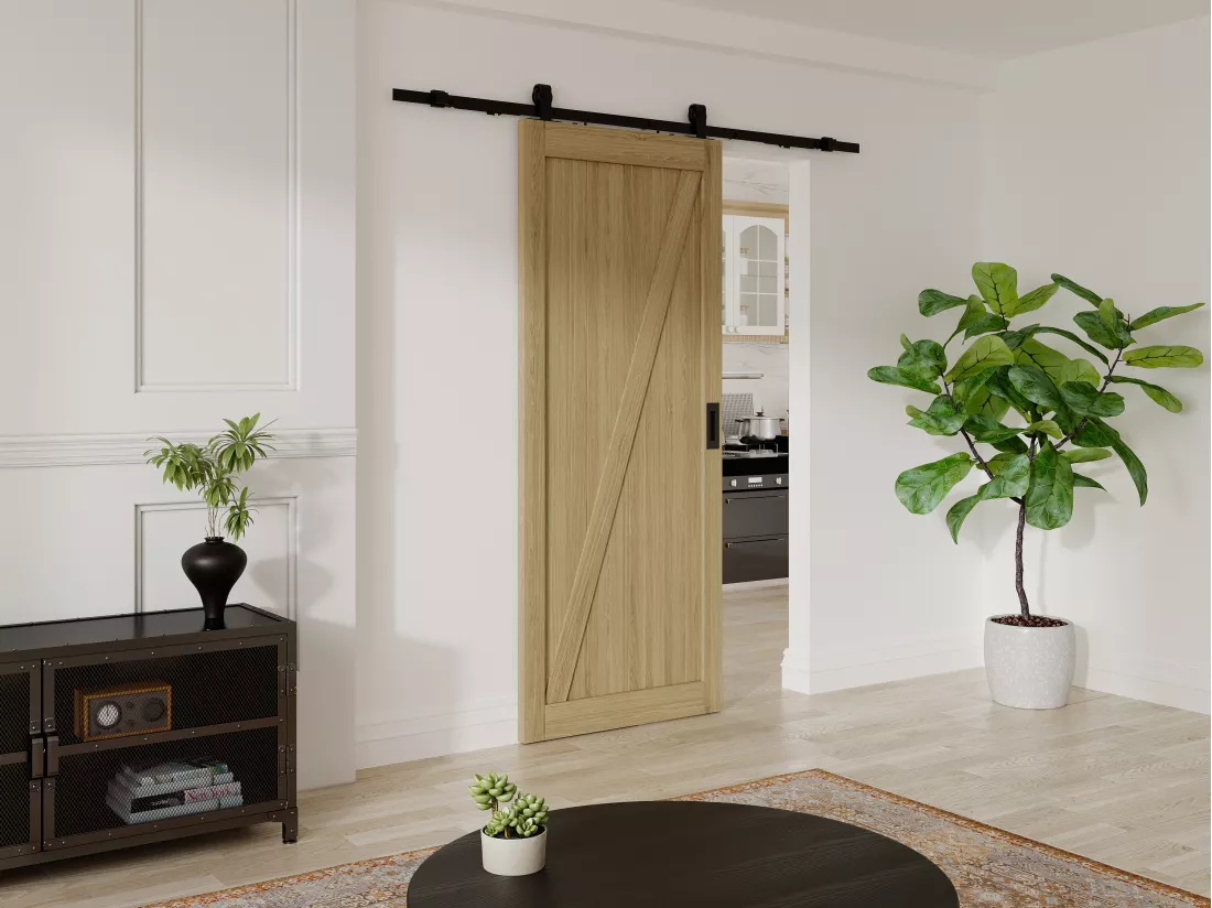 Porte coulissante avec système en applique en bois et MDF - Naturel clair - H205 x L83 cm - BALERMA