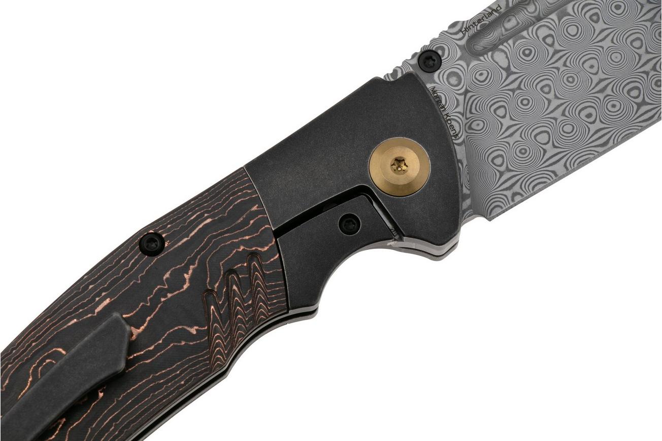 Kansept Hinterland K1057A3 Damascus, Blackwashed Titanium, Copper Carbon Fiber, zakmes, Morgan Koens design