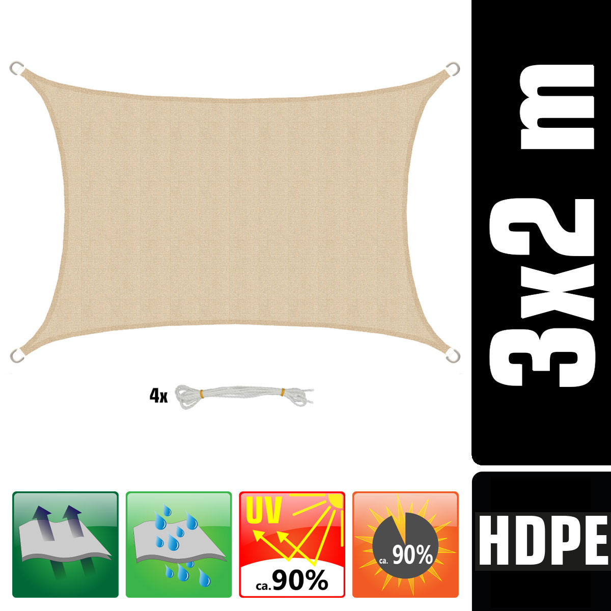 AMANKA 3 x 2 Luchtdoorlatend UV schaduwdoek - Beige