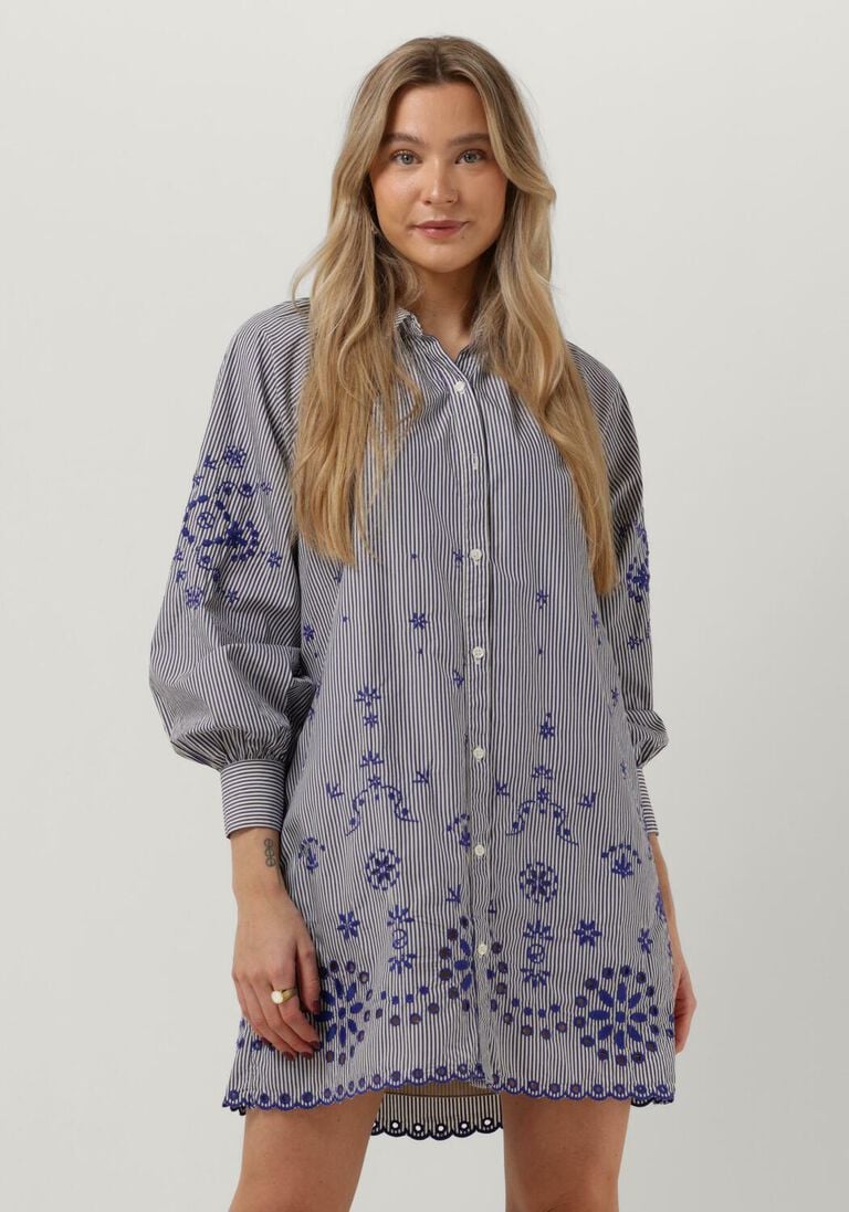 SCOTCH & SODA blauwe scotch & soda mini jurk striped shirt dress with embroidery in organic cotton