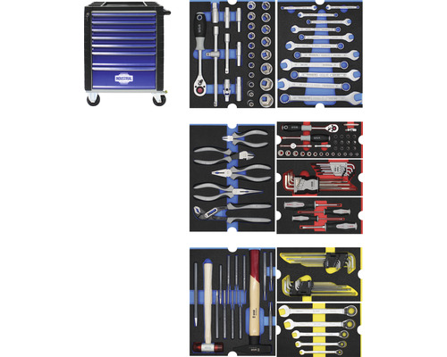 Werkplaatswagen Industrieel 712 x 943 x 466 mm 7 laden - incl. 9 gereedschapsmodules blauw 140-delig