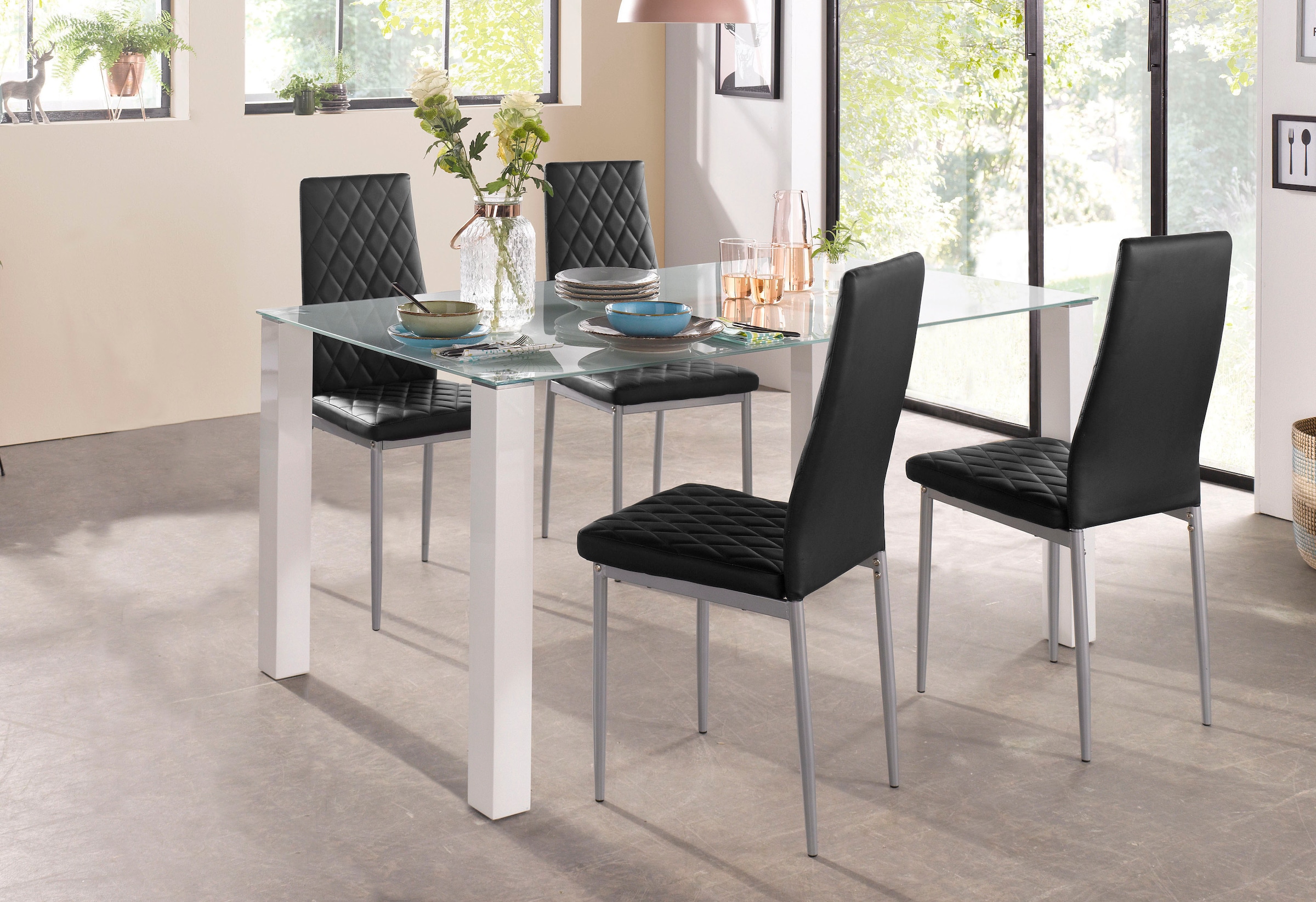 INOSIGN Essgruppe Set, 5 Stk. tlg. 160 cm breiter Glastisch, verschiedene Farbvarianten der Stuhlbezüge