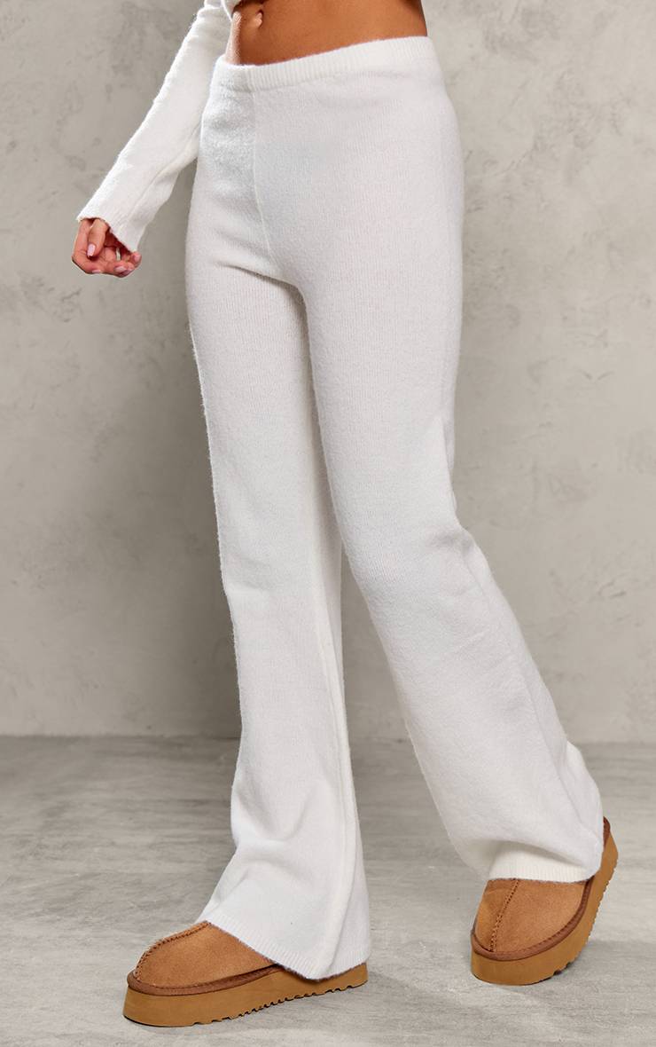 Crème Pantalon Évasé Taille Haute En Maille Petite