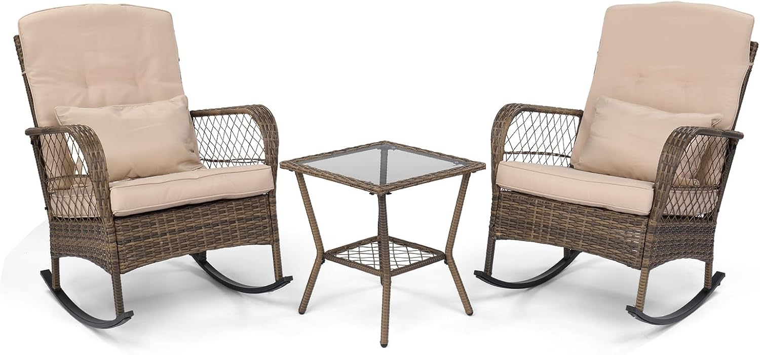 LEADZM Gartenmöbel Set für 2 Personen，Polyrattan Balkonmöbel 3-teiliges Set, Wetterfest, Komfortabel & Lässig, 2 Schaukelstühle & Tisch, für Garten, Balkon, Terrasse,Beige