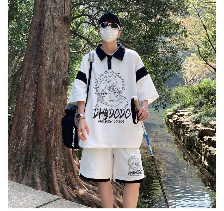 Derbundy - Set: Anime Print Panel Polo Shirt met Elleboogmouwen + Sweat Shorts