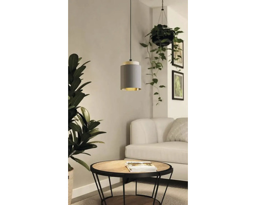 Hanglamp, 1-lichts, HxØ 110x16 cm, zwart/licht hout, cappuccino kap, gouden binnenkant