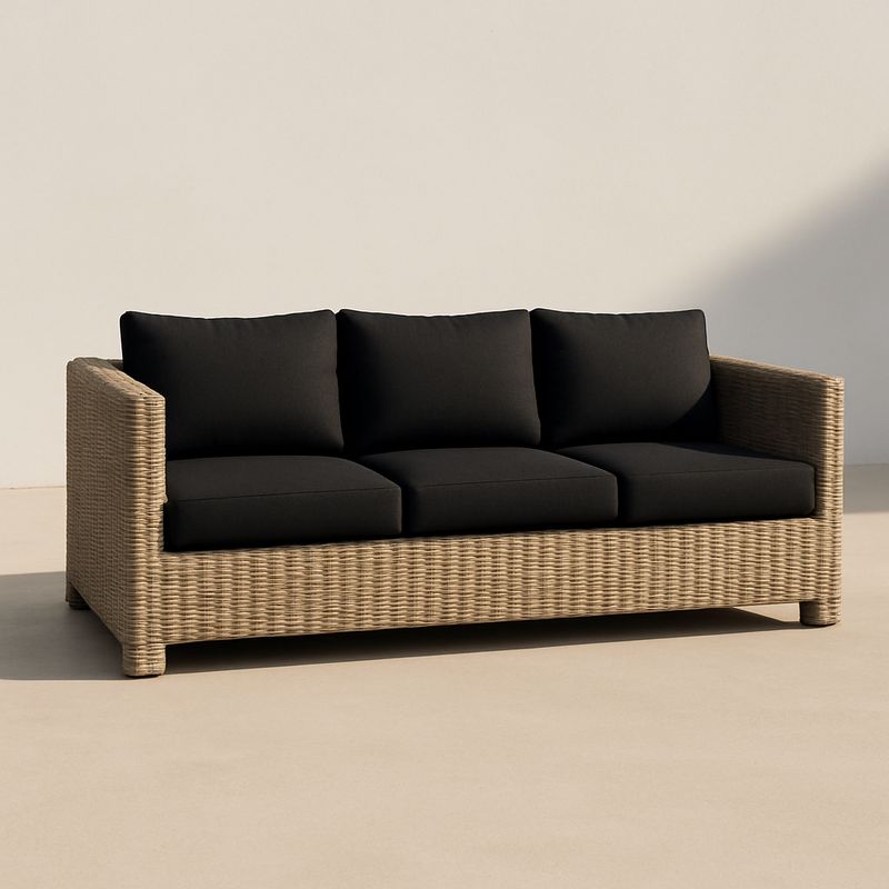 3-Sitzer Sofa Rattan Schwarz Polyester Outdoor