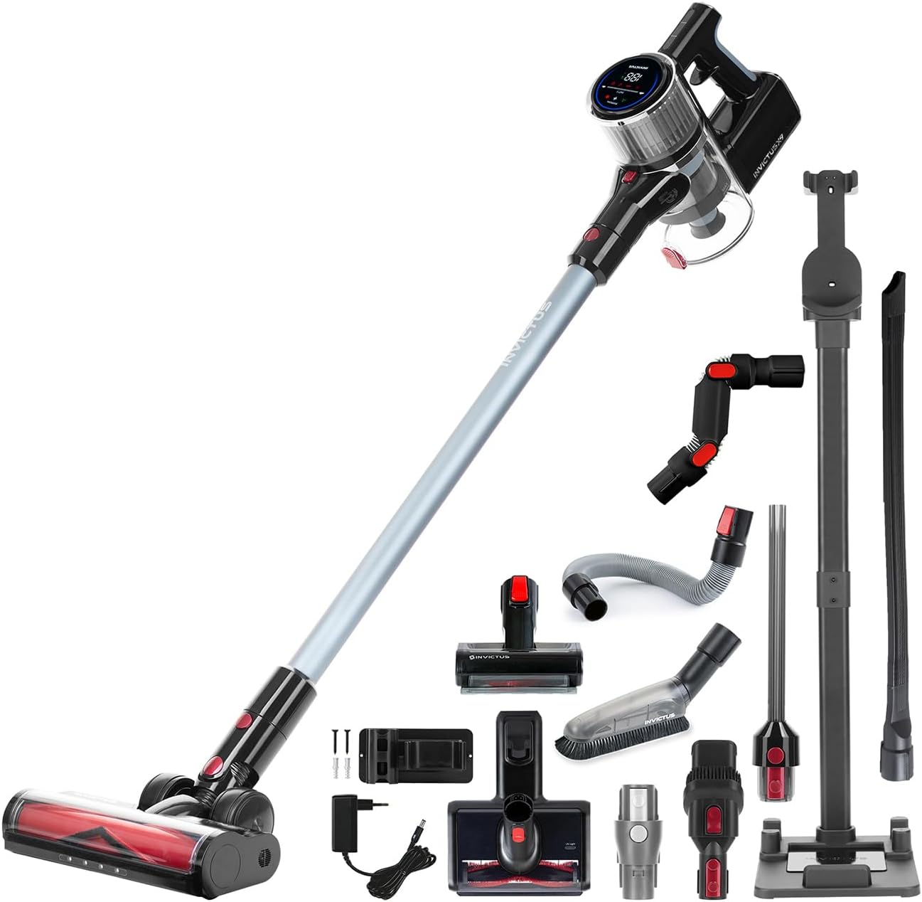 Genius Invictus X9 Facelift Staubsauger Kabellos 20-TLG., Akku Staubsauger bis zu 55 Min Teppich Tierharre Auto Hartböden, HEPA Filter, LED, Stielstaubsauger Touchscreen, Ladestation, Bürste Set