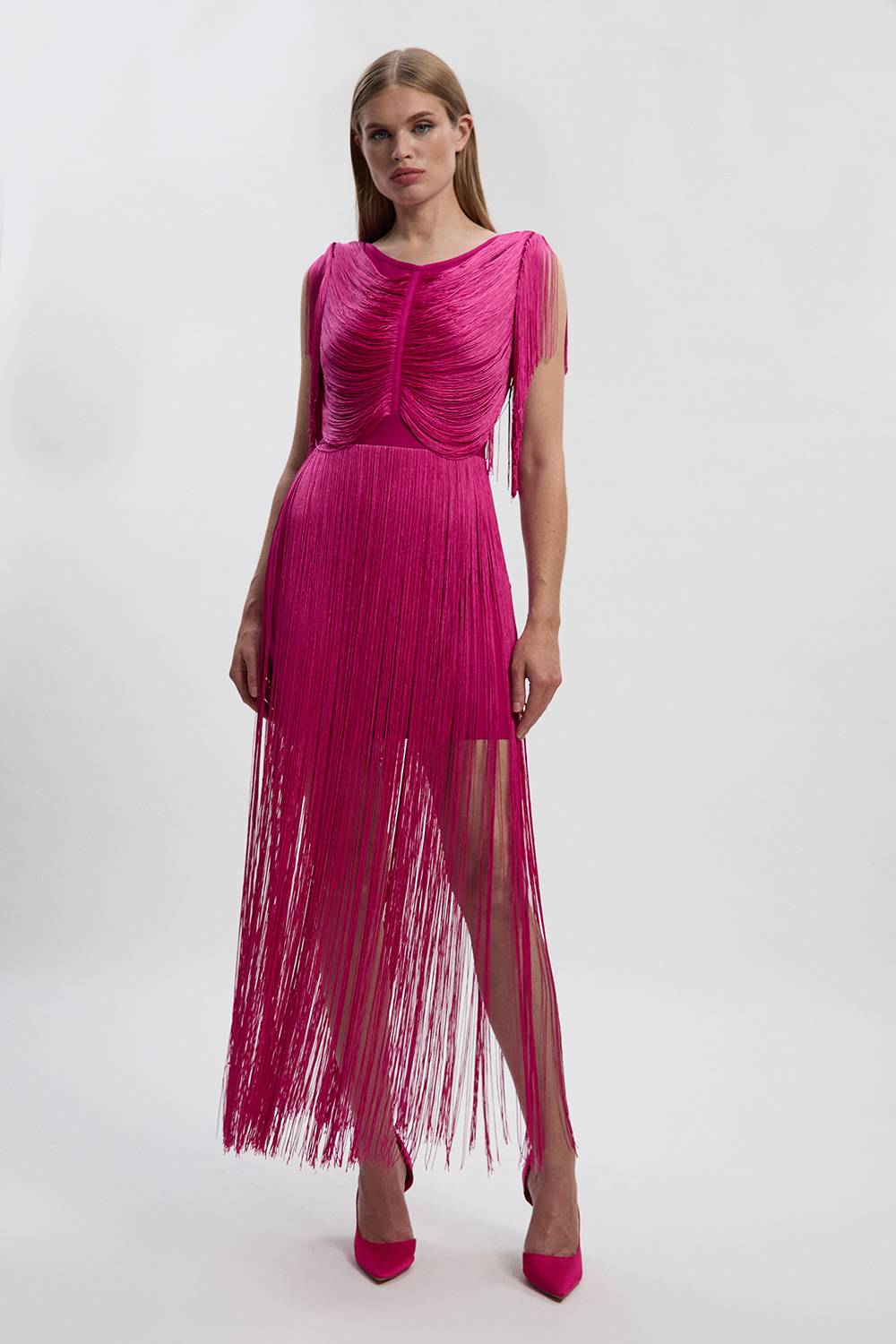 KarenMillen Robe maxi drapée à franges en tricot