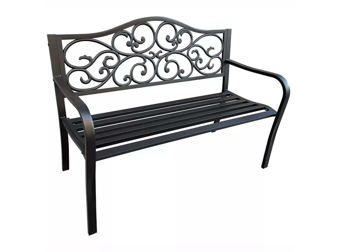 Banc de jardin noir IRGA avec pieds en acier et dossier en fonte, largeur 127 cm