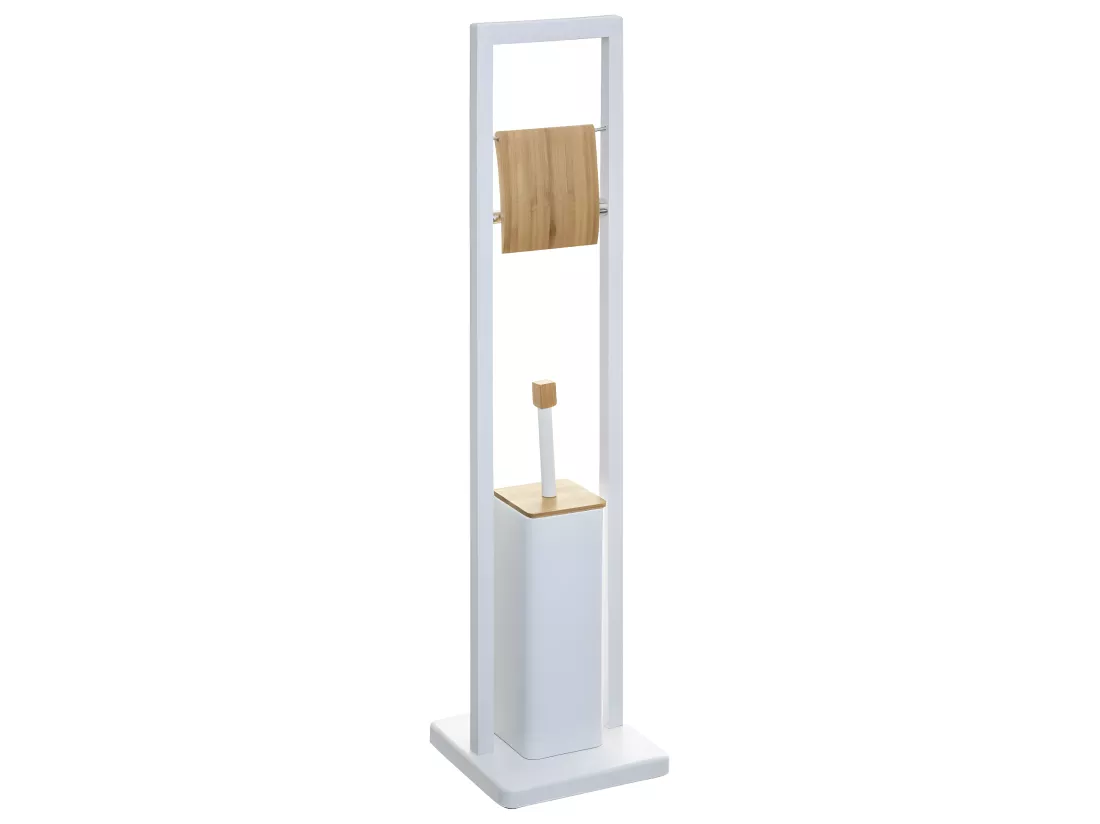 Brosse WC et Dérouleur Papier toilette en Bambou et métal Blanc H 80 cm