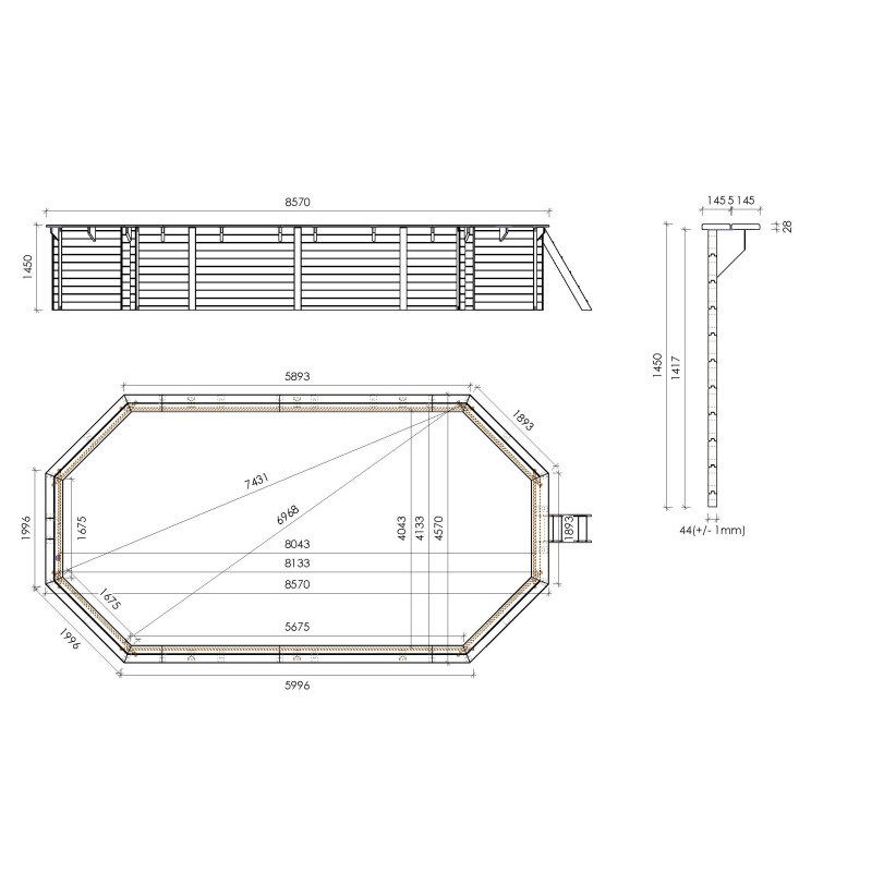 Piscine de jardin en bois - 8,57x4,57 x h.1,45 m - octagonal allongé - coffre de filtration compris