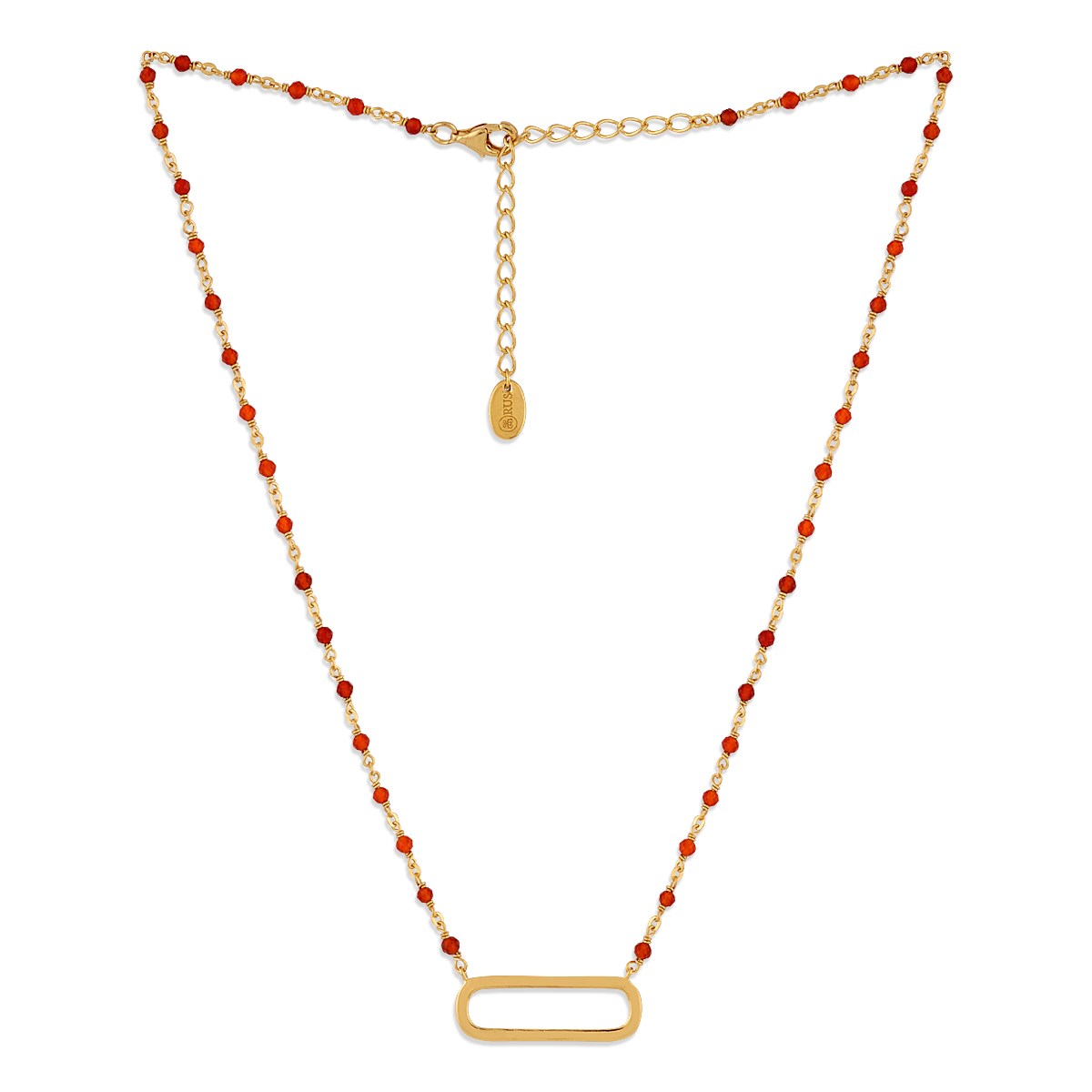 Collier Argent Doré Lingot Et Pierres Naturelles Rouge