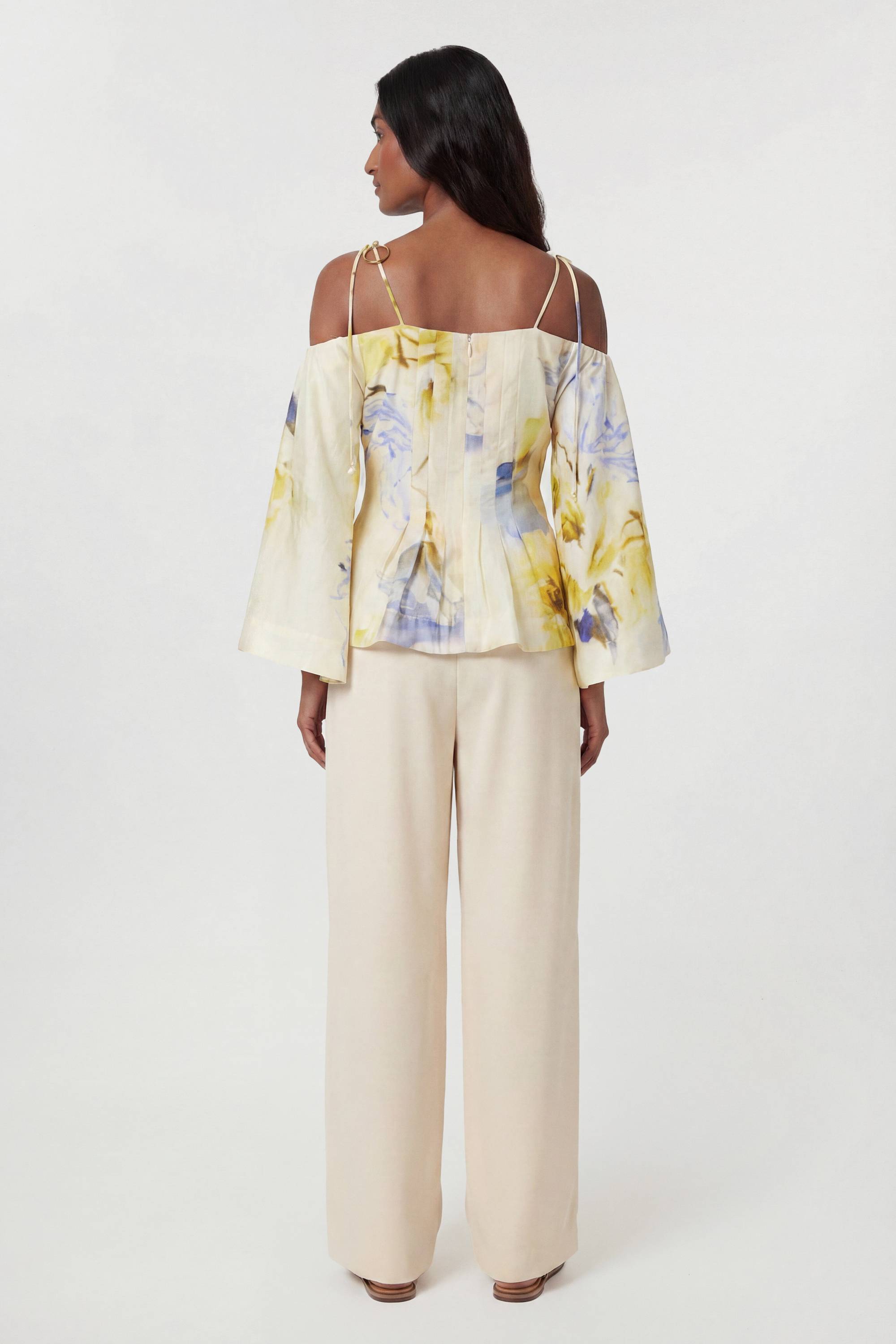 KarenMillen Chemisier Tissé Bleu À Fleurs Froncé Épaules Dénudées