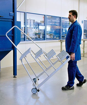 MUNK mobiel werkplatform met stalen rooster en leuning, 3 treden