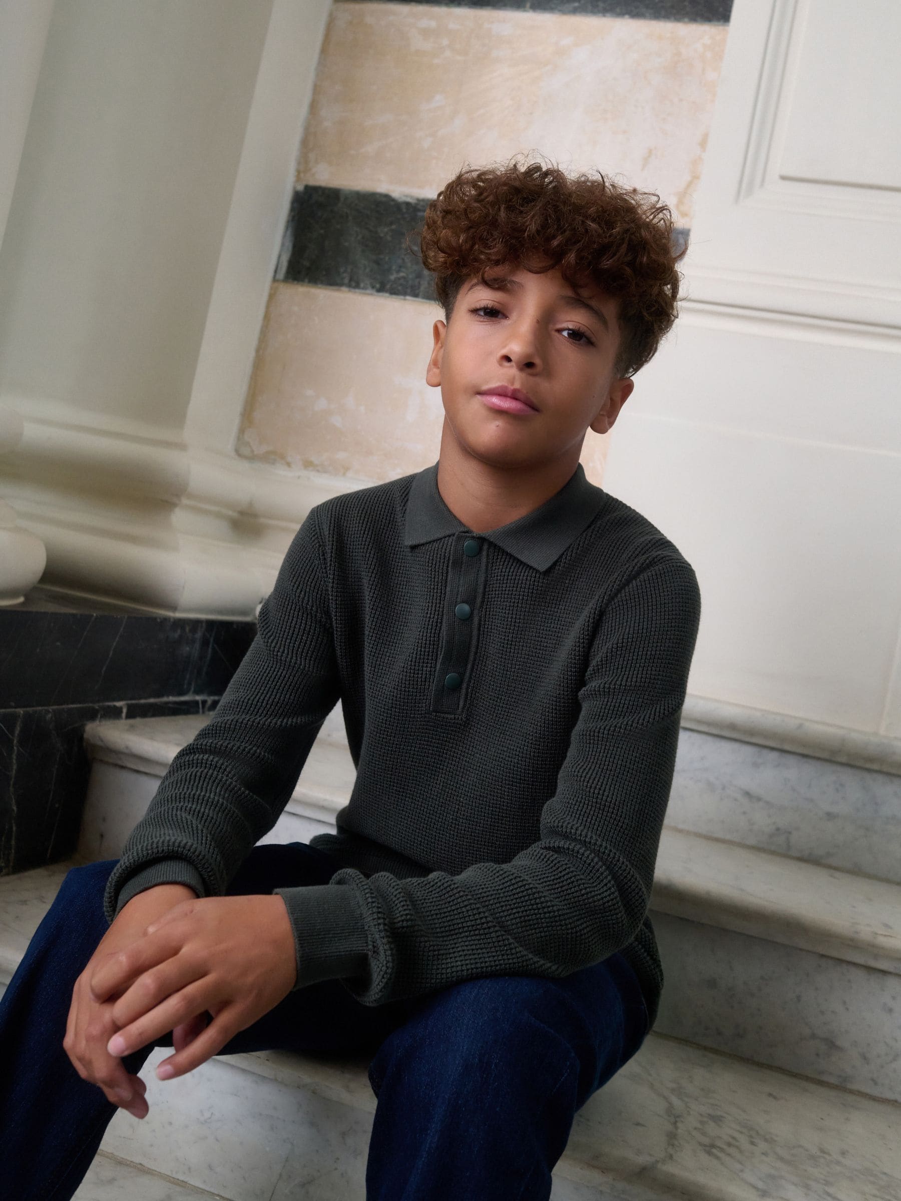 Donkergroen - Poloshirt met textuur en lange mouwen (3-16jr)