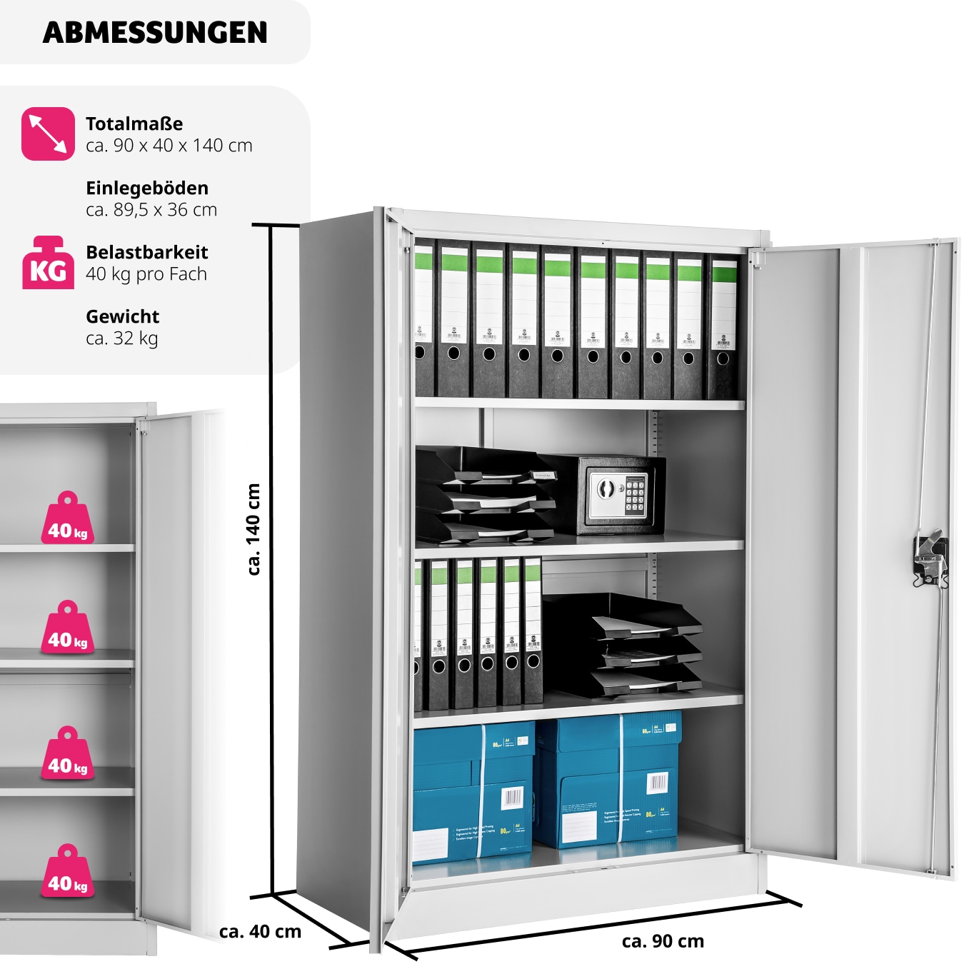 tectake® Aktenschrank, aus pulverbeschichtetem Stahl, 3 höhenverstellbare Einlegeböden, 140 x 90 x 40 cm