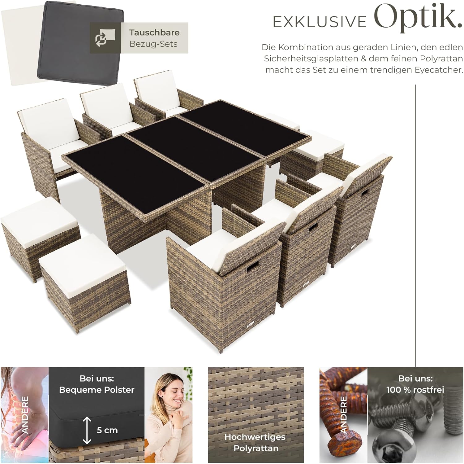 tectake Polyrattan Gartenmöbel Set, Sitzgruppe mit 6 Stühle +1 Glasplatte Tisch + 4 Hocker, Gartenlounge Set klappbar, für bis zu 10 Personen, Balkon Möbel, inkl. 2 Bezugsset - Natur