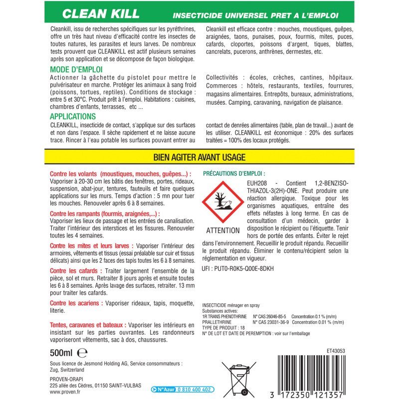 Insecticide Clean Kill - Vaporisateur 500 ml