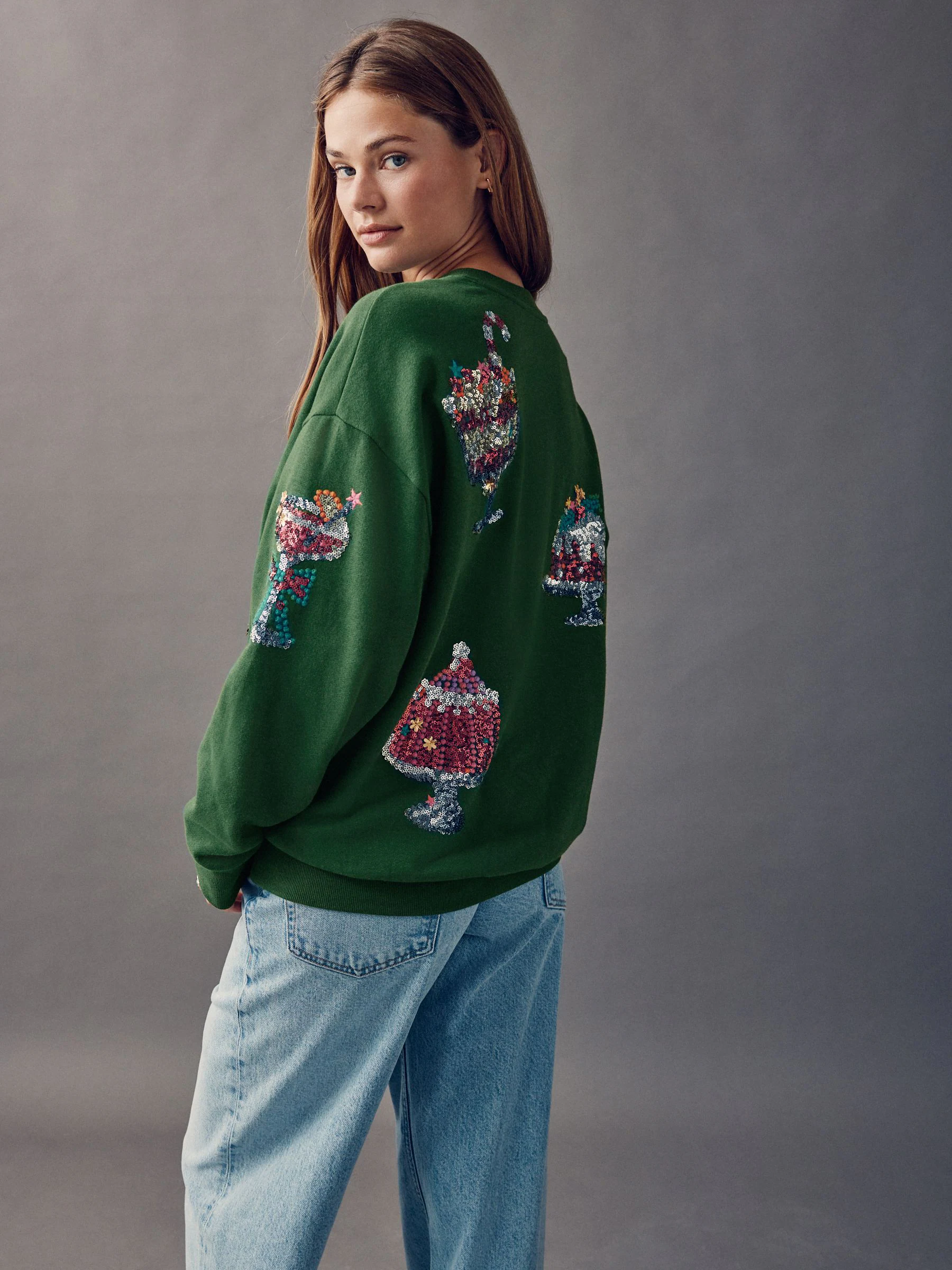 Donkergroen - Seizoensgebonden Graphic Kerstmis Food Sequin Geborduurd Longsleeve Crewneck Sweatshirt