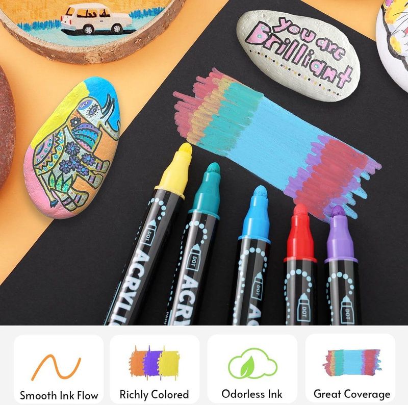 BOTC - Happy Stones - Verfstiften - 12 Acrylstiften - Dual Tip - Zwart