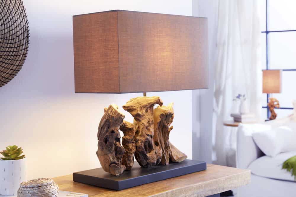 Handgefertigte Tischlampe ARAGON 50cm braun Treibholz-Fuß mit Leinenschirm