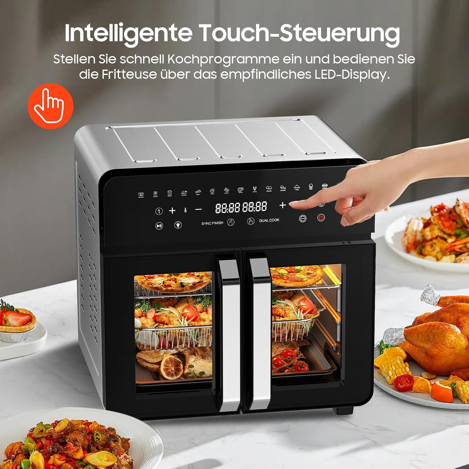 Heißluftfritteuse Dual Zone 23L - XXL Airfryer mit herausnehmbarem Trenner, Heissluftfritteuse mit French Door, 15 Programme, Großes Fenster, 5 Sets Zubehör, Rezepte