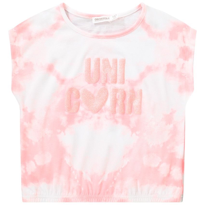 T-shirt manches courtes forme boîte effet tie & dye et puff print pour fille - Rose