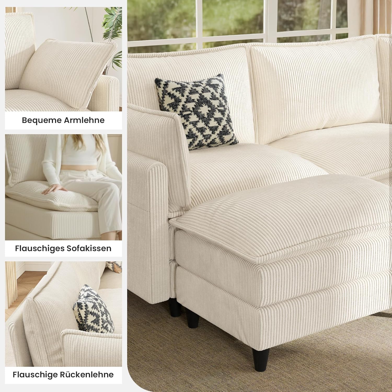 APICIZON Sofa mit Schlaffunktion, Cloud Couch, Sofa L Form, Eckcouch-275x132x80cm, Sofas XXL, Wohnzimmer Cord Schlafcouch, Seitliche Magazin-Aufbewahrungstasche, Beige
