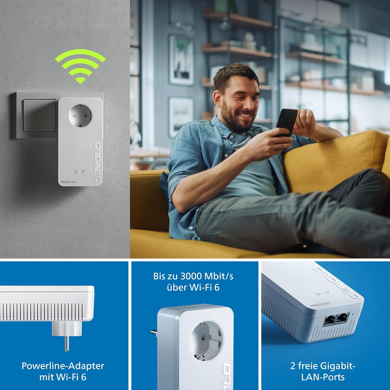 (2400Mbit/s) Magic 2 WiFi 6 next Gigabit WLAN Erweiterung Powerline Adapter mit Steckdose und 2x RJ45 (7187) - Weiss