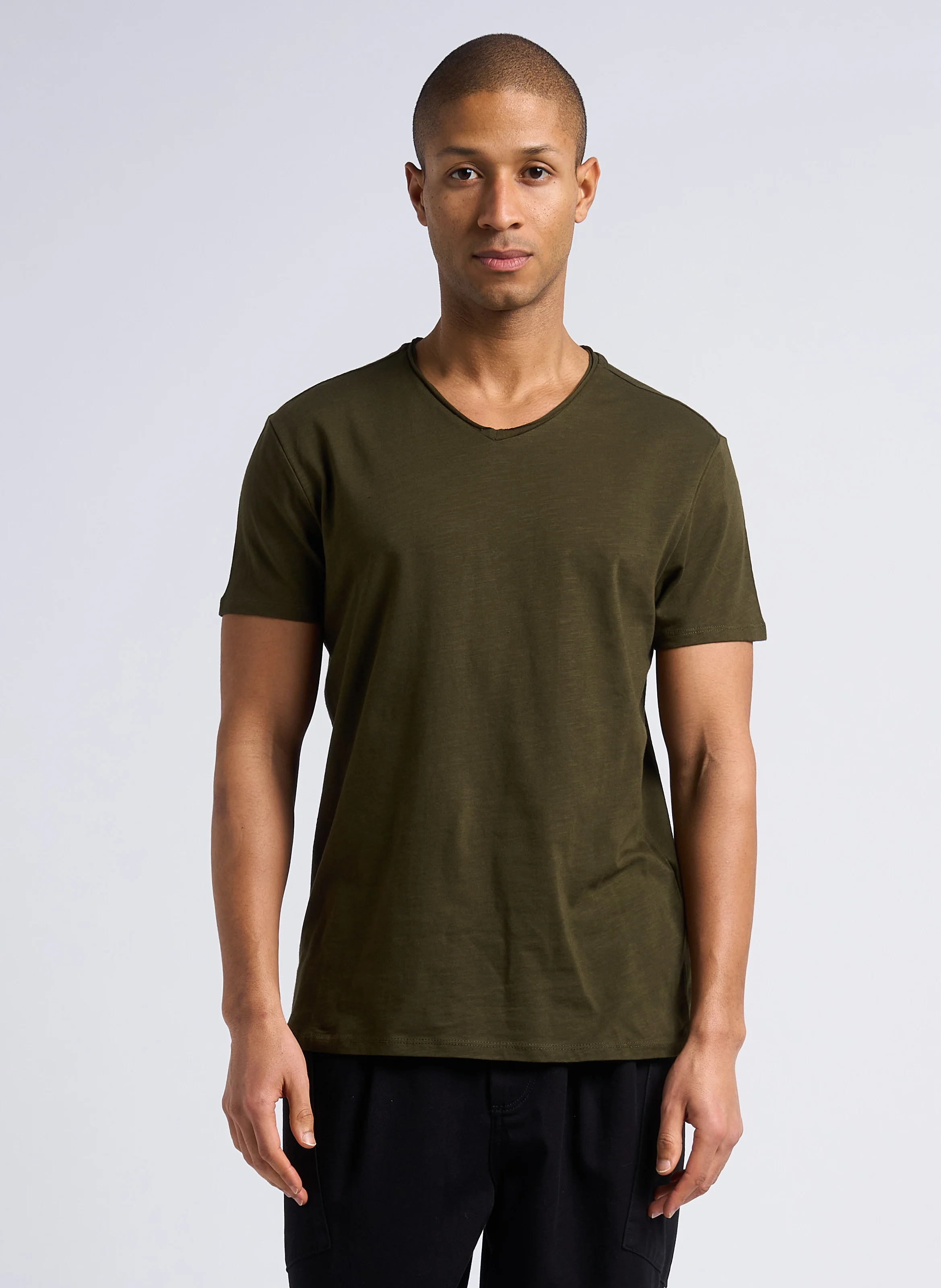 Tee-shirt col V slim en coton flammé | Kaki