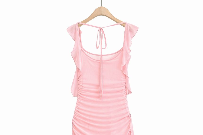 Sundine - Maxi-jurk met kapmouwen, ronde hals, effen ruches en mesh met split