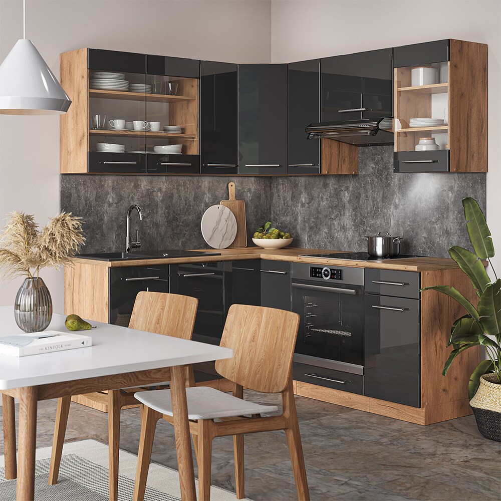 Vicco Eckküche Küchenzeile Einbauküche Fame-Line Eiche Anthrazit 190 cm modern Schubunterschrank Spülenunterschrank Eckunterschrank Herdumbauschrank Hängeglasschrank Hängeschrank Hochglanz