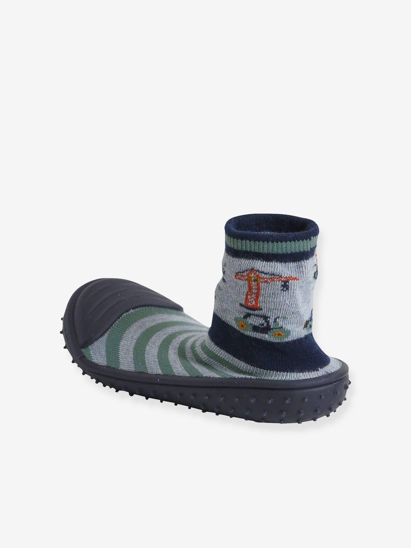 Pantufas infantis tipo meia, antiderrapantes, na cor cinza mesclado.