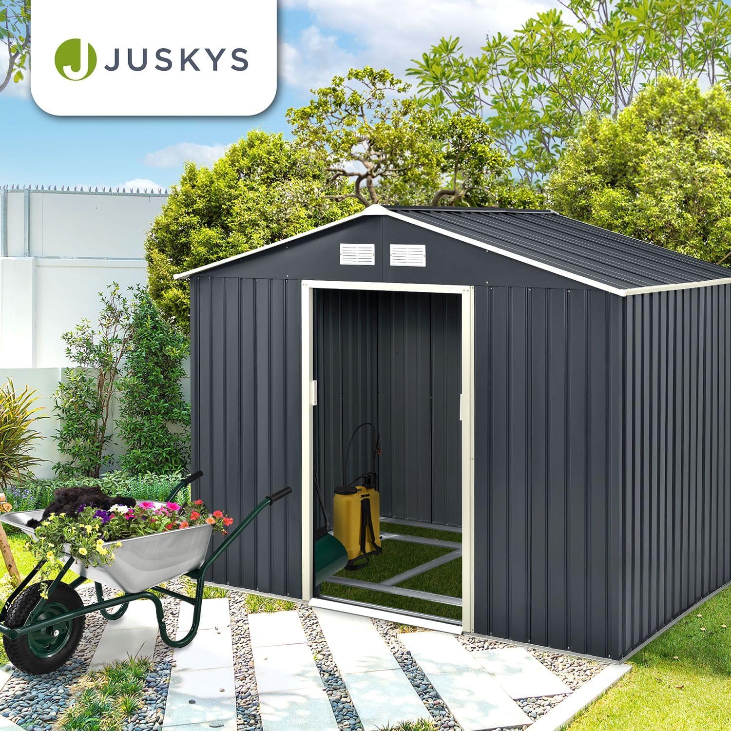 Juskys Metall Gerätehaus XL 9m³ mit Satteldach, Schiebetür & Fundament - 277 x 191 x 192 cm - anthrazit - Geräteschuppen Gartenhaus Metallgerätehaus