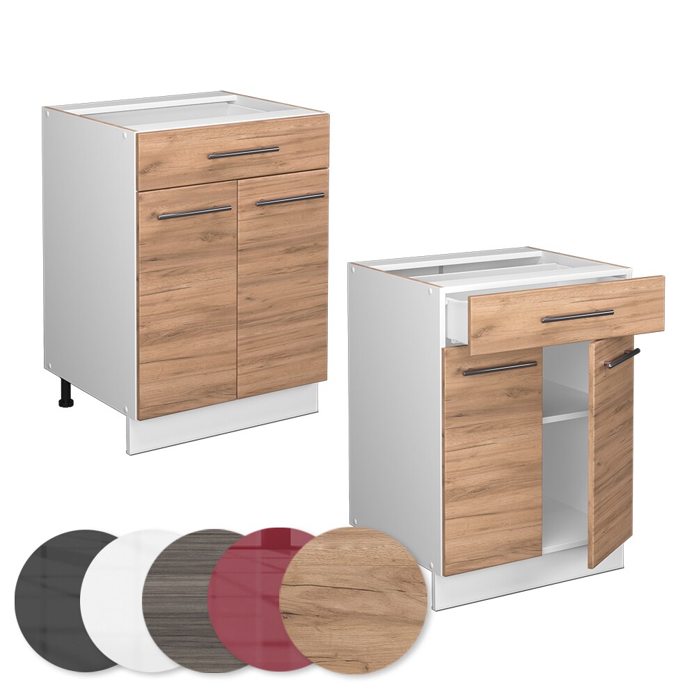 Vicco Schubunterschrank Küchenschrank Küchenmöbel Fame-Line Weiß Eiche modern 60 cm Küche Einbauküche Drehtür Schublade Einlegeboden Blende Küchenzeile