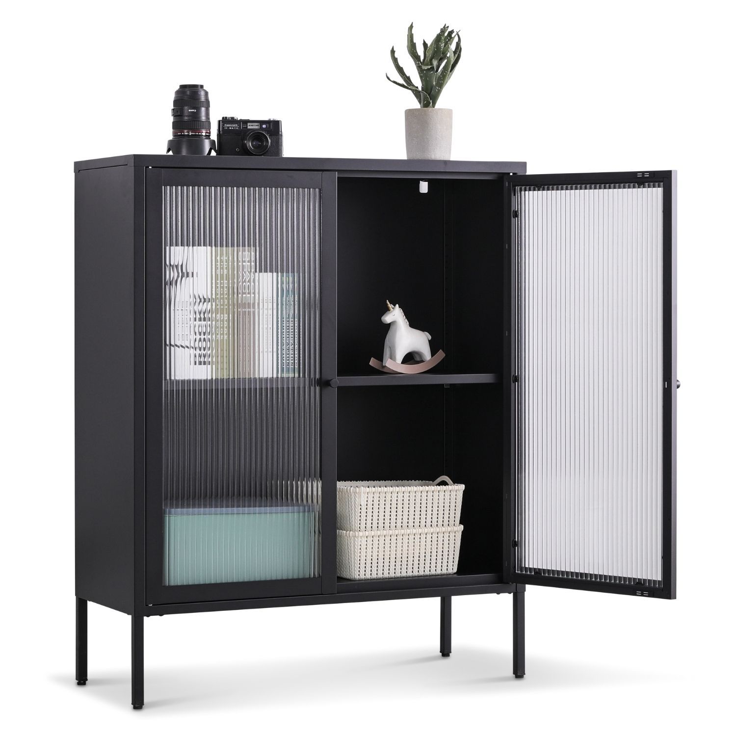 Coemo Highboard Tokio schwarz 90x35x110cm Metall Glastüren