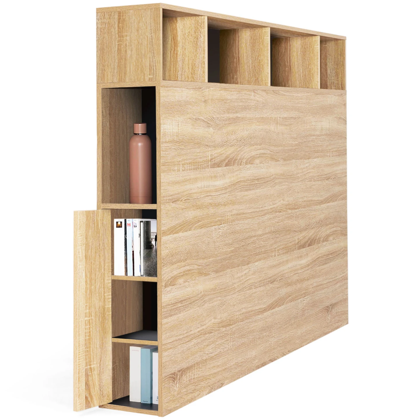 Tête de lit sur pied CLEO 145 cm avec rangements fermés et niches façon hêtre et noir